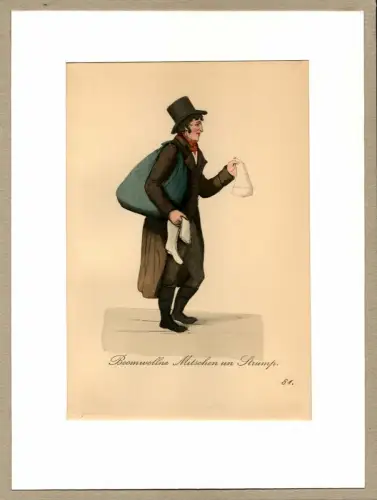 Suhr, Christopher: Boomwollne Mitschen un Struemp! [Mützen und Strümpfe aus Baumwolle!]. Strickwarenhändler | Knitwear Vendor. Original-Lithographie, altkoloriert. 