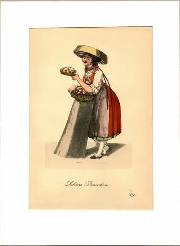 Schöne Peerschen! [Schöne Pfirsiche zu kaufen!]. Pfirsichverkäuferin | Peach Lady. Original-Lithographie, altkoloriert, Suhr, Christopher