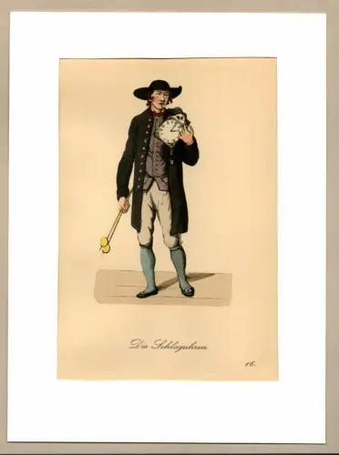 Suhr, Christopher: Die Schlaguhren! [Pendeluhren zu verkaufen!]. Uhrenverkäufer | Clock-Seller. Original-Lithographie, altkoloriert. 