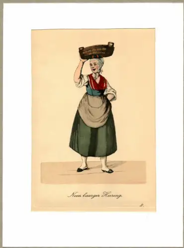 Suhr, Christopher: Neen baarger Heering! [Heringe, günstig zu kaufen!]. Heringhändlerin | Hering Vendor. Original-Lithographie, altkoloriert. 