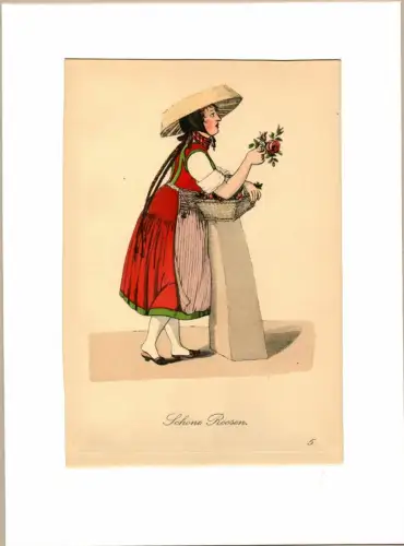 Schöne Roosen! [Rosen, schöne Rosen!]. Rosenverkäuferin | Rose Saleswoman. Original-Lithographie, altkoloriert, Suhr, Christopher