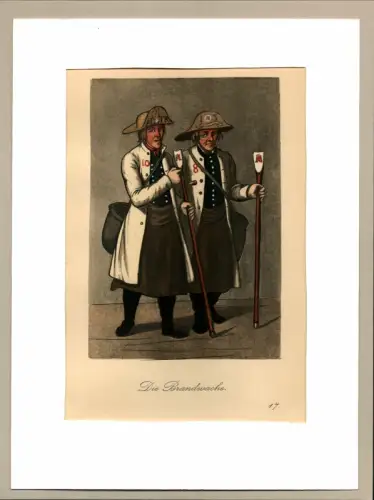 Suhr, Christopher: Die Brandwache! [Bereitschaftsdienst der Feuerwehr zu Ihren Diensten!]. Brandwächter | Fire Guard. Original-Lithographie, altkoloriert. 