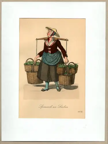 Spinasch un Suerken! [Spinat und Sauerampfer hier zu haben!]. Spinatverkäuferin | Spinach Seller. Original-Lithographie, altkoloriert, Suhr, Christopher