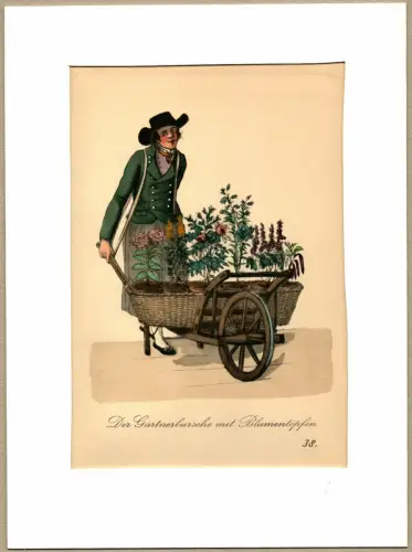 Der Gärtnerbursche mit Blumentöpfen! [Blumentöpfe direkt aus dem Garten!]. Blumenverkäufer | Flower Vendor. Original-Lithographie, altkoloriert, Suhr, Christopher