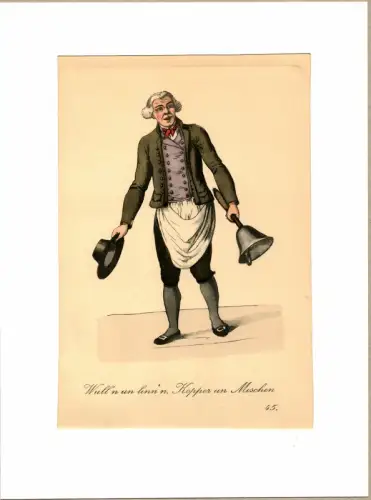 Suhr, Christopher: Wull'n un linn'n, Kopper un Mischen! [Wolle und Leinen, Kupfer und Allerlei!]. Auktionsausrufer | Auction Crier. Original-Lithographie, altkoloriert. 