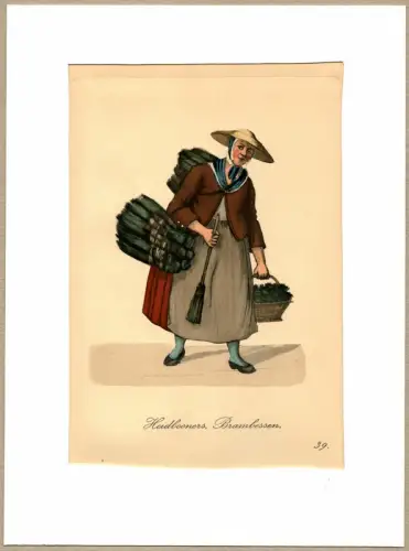 Suhr, Christopher: Heidbooners, Brambessen! [Reisigbesen! Bohnerbesen!]. Besenverkäuferin | Broom Seller. Original-Lithographie, altkoloriert. 
