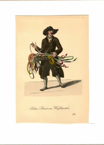 Suhr, Christopher: Siden Bant un Weefkanten! [Seidenband. Allerlei Bänder!]. Kurzwarenhändler | Haberdasher. Original-Lithographie, altkoloriert. 