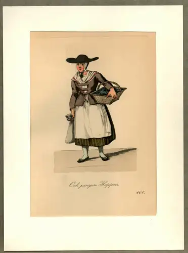 Ook jungen Hoppen! [Hopfen. Auch jungen Hopfen im Angebot!]. Hopfenverkäuferin | Hop Vendor. Original-Lithographie, altkoloriert, Suhr, Christopher