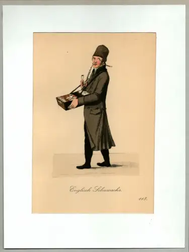 Suhr, Christopher: Englisch Schuwachs! [Schuhwichse! Englische Schuhcreme!]. Schuhwachshändler | Shoe Wax Salesman. Original-Lithographie, altkoloriert. 