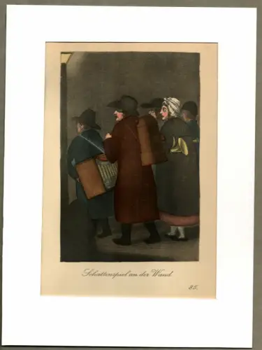 Schattenspiel an der Wand! [Schattentheater!  Kommt herbei!]. Schattenspieler | Shadow Puppeteer. Original-Lithographie, altkoloriert, Suhr, Christopher