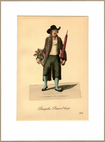 Paraplui Parasol koop! [Regenschirme! Sonnenschirme hier!]. Schirmverkäufer | Umbrella Seller. Original-Lithographie, altkoloriert, Suhr, Christopher