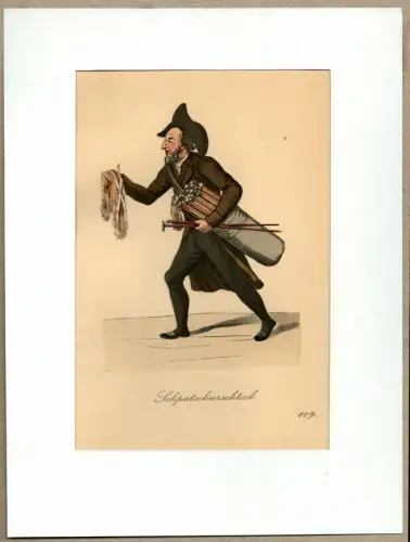 Suhr, Christopher: Schpatschierschstoeck! [Hier Spazierstöcke und Hosenträger zu kaufen!]. Accesoiresverkäufer | Cane & Braces Seller. Original-Lithographie, altkoloriert. 