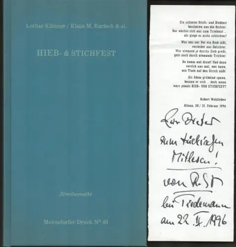 Hieb- und Stichfest. Streitsonette. Tenzone & Coda, Lothar Klünner / Rarisch, Klaus M. & al