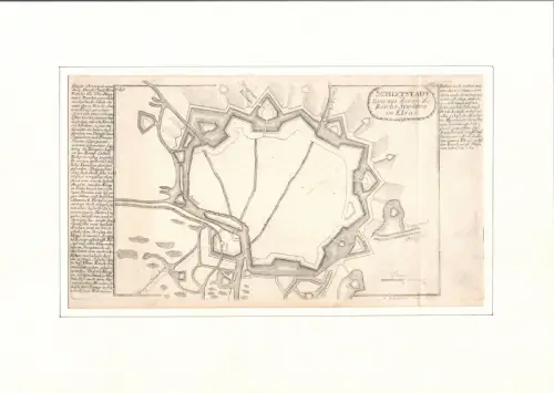 Schletstadt Eine aus denen X. Reichs-Staedtten im Elsas. Befestigungsplan aus der Vogelschau. Original-Kupferstich, Bodenehr, Gabriel