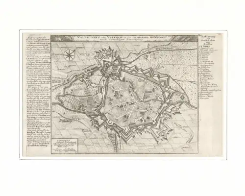 Valencinnes oder Valencin in der Graffschafft Hennegou nach dermahliger Bevestigung. Befestigungsplan aus der Vogelschau. Original-Kupferstich, Bodenehr, Gabriel