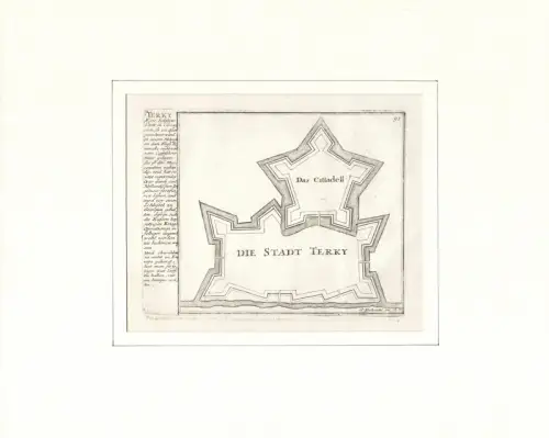 Terky. Eine befestigte Statt in Circassien, so zu Asien gerechnet wird, in einem Morast an dem Fluss Temenski nichtweit vom Caspischen Meer gelegen. Befestigungsplan aus der Vogelschau. Original-Kupferstich, Bodenehr, Gabriel