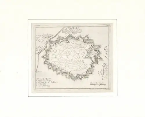 Vercelli die Haupt Stadt und Vestung der Herschaft Gleiches Nahmens. an dem Meylaendischen Staat gelegen. Befestigungsplan aus der Vogelschau. Original-Kupferstich, Bodenehr, Gabriel