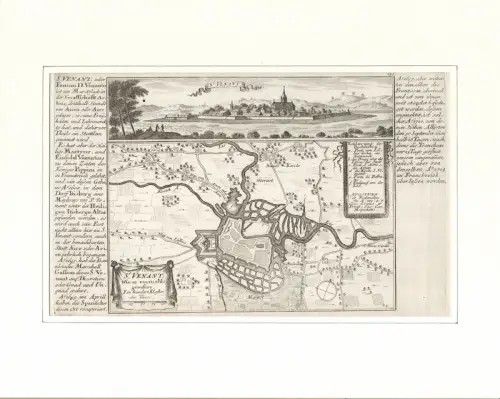 St. Venant. Befestigungsplan aus der Vogelschau. Original-Kupferstich, Bodenehr, Gabriel