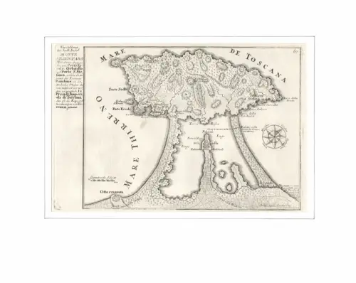 Vorstellung der halb Insul Monte Argentaro. Befestigungsplan aus der Vogelschau. Original-Kupferstich, Bodenehr, Gabriel