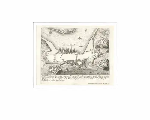 Setubal eine befestigte Statt im Portugiesischen Estremadura, an der Küste, wo der Fluss Zadaon ins Meer fället. Befestigungsplan aus der Vogelschau. Original-Kupferstich, Bodenehr, Gabriel