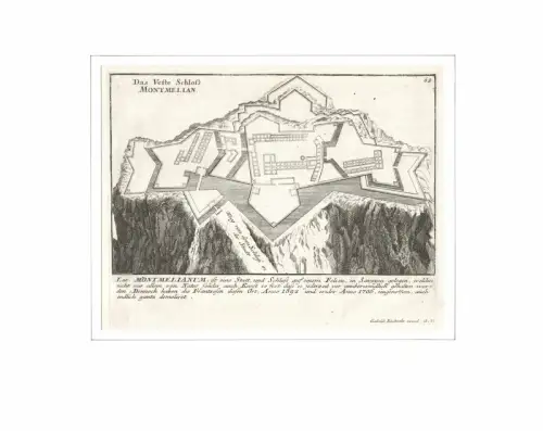 Das Veste Schloss Montmelian (Savoyen). Befestigungsplan aus der Vogelschau. Original-Kupferstich, Bodenehr, Gabriel
