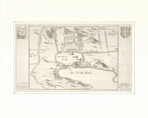 Toulon mit der Attaque in Anno 1707. Befestigungsplan aus der Vogelschau. Original-Kupferstich, Bodenehr, Gabriel