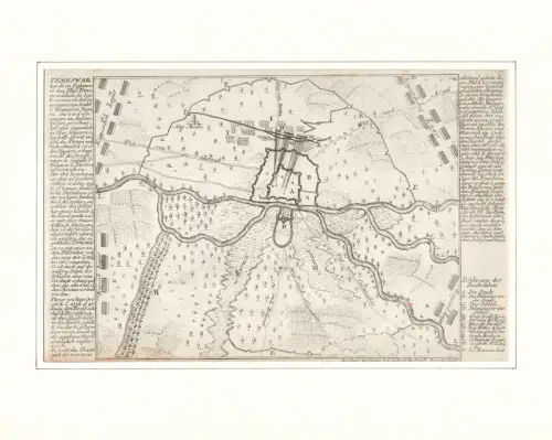 Temeswar hat ihren Nahmen von dem Fluss Temes, an welchem sie ligt, und ist eine von den importantesten Städten und Festungen in Ungarn. Befestigungsplan aus der Vogelschau. Original-Kupferstich, Bodenehr, Gabriel