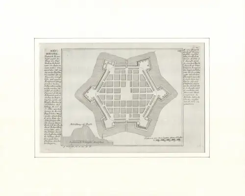 Neu-Heusel. Befestigungsplan aus der Vogelschau. Original-Kupferstich, Bodenehr, Gabriel