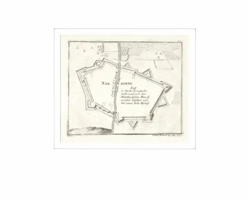 Narbonne Ligt in nieder Languedoc nicht weit von dem Mittelländischen Meer, ist zimlich befestiget und hat einen Ertz-Bischoff. Befestigungsplan aus der Vogelschau. Original-Kupferstich, Bodenehr, Gabriel