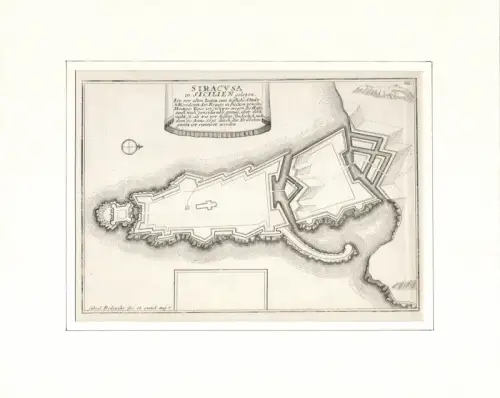 Siracusa in Sicilien gelegen, ist vor alten Zeiten eine Trefliche Stadt Residentz der Könige in Sicilien gewesen. Befestigungsplan aus der Vogelschau. Original-Kupferstich, Bodenehr, Gabriel