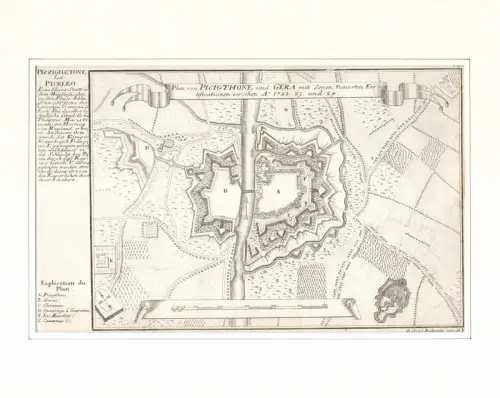 Plan von Picigthone und Gera mit denen neusten Fortificationen versehen Anno 1722. 23. und 24. Befestigungsplan aus der Vogelschau. Original-Kupferstich, Bodenehr, Gabriel