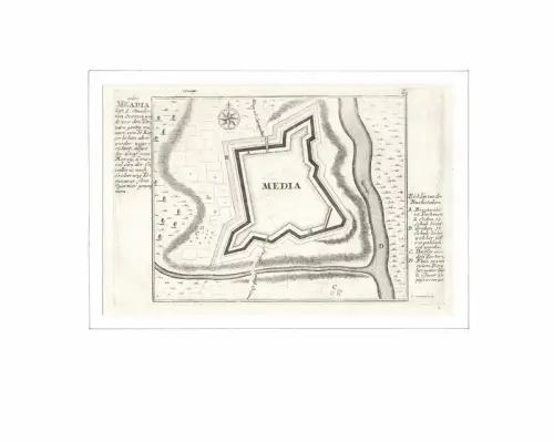 Media oder Meadia ligt 5. Stunden von Orsova, wurde von den Tartarn gantz ruinirt, von den Kayserlichen aber wieder zugerichtet, allwo der Graf von Mercy, General von der Cavallerie, nach Eroberung Temeswar sein Quartier genommen. Befestigungsplan aus der