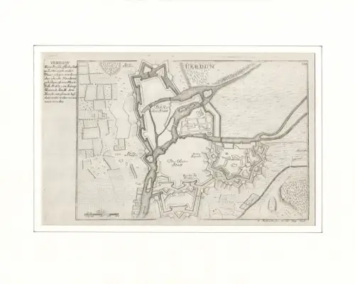 Verdun | Uerdun. Befestigungsplan aus der Vogelschau. Original-Kupferstich, Bodenehr, Gabriel