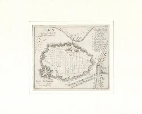 Turin die Haupt Stadt in Piemont. Befestigungsplan aus der Vogelschau. Original-Kupferstich, Bodenehr, Gabriel