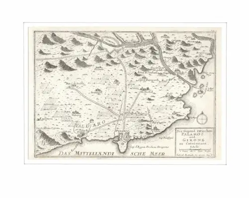 Die Gegend zwischen Palamos und Girone in Catalonien. Befestigungsplan aus der Vogelschau. Original-Kupferstich, Bodenehr, Gabriel