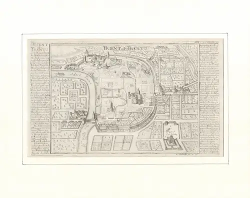 Trient oder Trento. Befestigungsplan aus der Vogelschau. Original-Kupferstich, Bodenehr, Gabriel