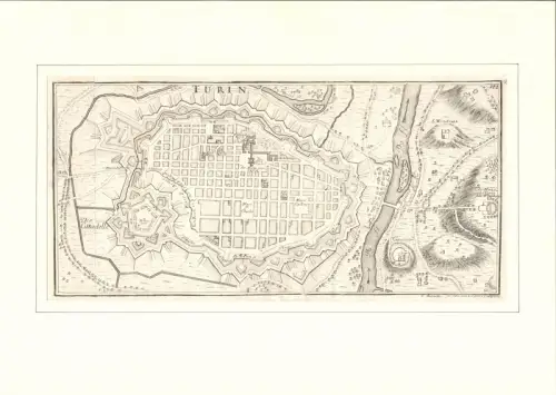 Turin. Befestigungsplan aus der Vogelschau. Original-Kupferstich, Bodenehr, Gabriel