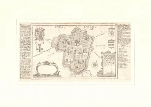 Ypra. Ypern. Befestigungsplan aus der Vogelschau. Original-Kupferstich, Bodenehr, Gabriel