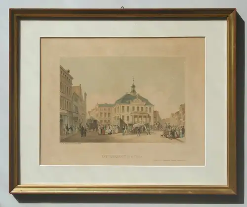 Rathhausmarkt [Rathausmarkt] in Altona. Altkolorierte Doppelton-Lithographie. Nach der Natur gez. v. Wilhelm Heuer. Druck v. Charles Fuchs