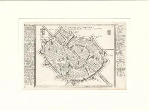 Tournay oder Dornick. Befestigungsplan aus der Vogelschau. Original-Kupferstich, Bodenehr, Gabriel