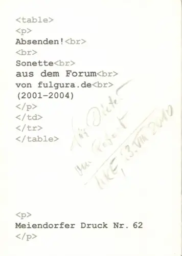 Absenden!. Sonette aus dem Forum von fulgura.de (2001-2004). 