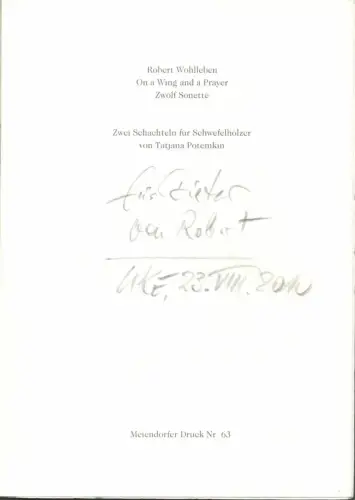 Wohlleben, Robert: On a wing and a prayer. Zwölf Sonette. Zwei Schachteln für Schwefelhölzer von Tatjana Potemkin. 