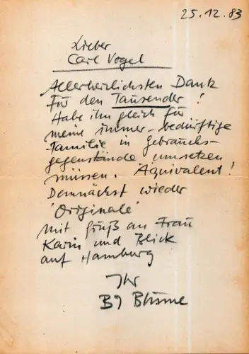Blume Bernh. Joh. [Blume, Bernhard Johannes: Eigenh. Dankesbrief m. U. Datiert 25.12.1983. 