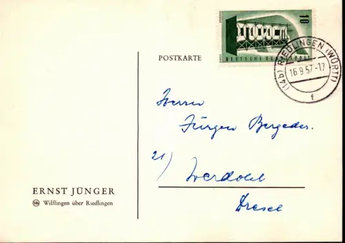 Eigenhänd. Postkarte mit Unterschrift. Datiert 16.9.57, Gretha Jünger (1906-1960) deutsche Autorin