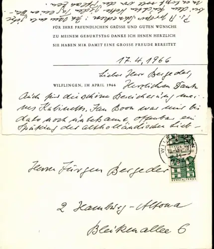 Jünger, Ernst (1895-1998) Schriftsteller, Insektenkundler: Eigenhändige Briefkarte mit Unterschrift. Im hs. adressierten, frankierten Briefumschlag mit Absenderstempel. 