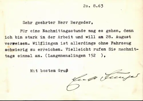 Maschinenschriftl. Postkarte mit Unterschrift. Datiert 20.08.63, Jünger, Ernst (1895-1998) Schriftsteller, Insektenkundler