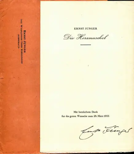 Jünger, Ernst (1895-1998) Schriftsteller, Insektenkundler: Die Herzmuschel. Mit herzlichem Dank für die guten Wünsche zum 29. März 1955. [Gedruckte Danksagung]. 