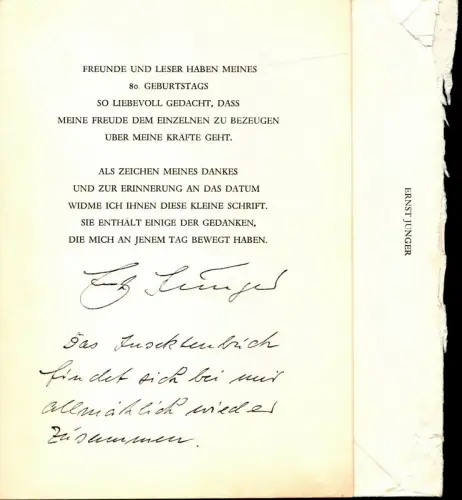 Gedruckte Danksagung, Jünger, Ernst (1895-1998) Schriftsteller, Insektenkundler