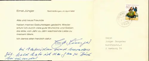 Gedruckte Danksagung mit 3 hs. Zeilen und Unterschrift. 7942 Wilflingen, im April 1982, Jünger, Ernst (1895-1998) Schriftsteller, Insektenkundler