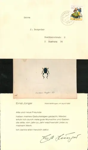 Gedruckte Danksagung. 7942 Wilflingen, April 1982, Jünger, Ernst (1895-1998) Schriftsteller, Insektenkundler
